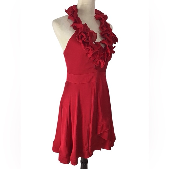 Bebe Red Silk Ruffle Rosette Halter Dress - Picture 5 of 6